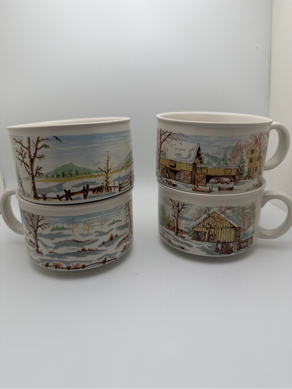 Vintage sunnycraft stoneware Winter Landscape Ceramic soup Mugs - Set of 4